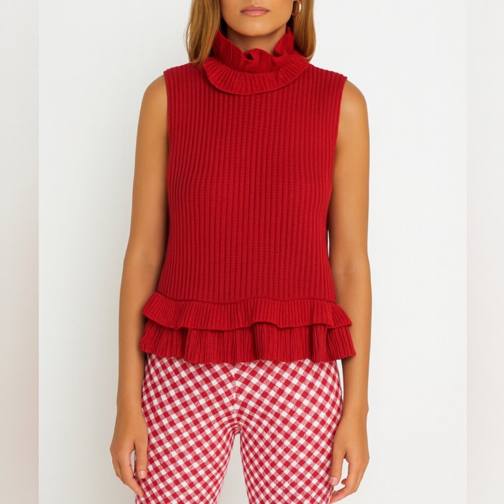 GANNI Ruffled Sleeveless Open Back Rib Knit Top In Red, S